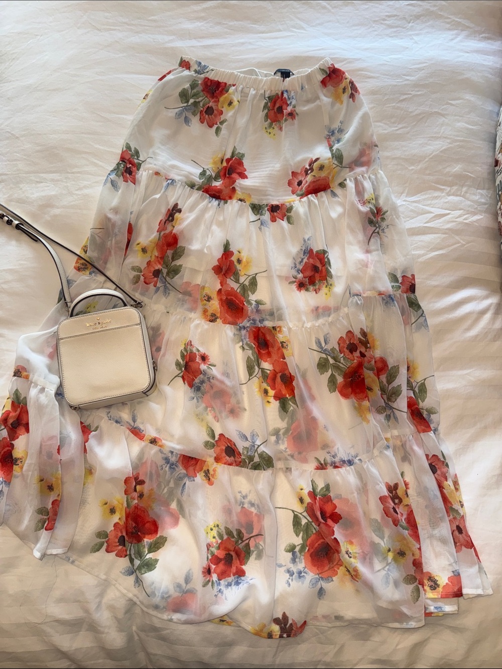 LONG & FLOWY Forever 21 White Maxi Skirt with Coral & Yellow Floral Print